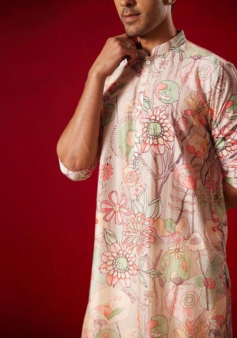 Peach Floral Print Poly Blend Kurta For Men
