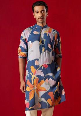 Blue Floral Print Poly Blend Kurta For Men