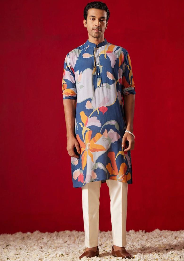 Blue Floral Print Poly Blend Kurta For Men