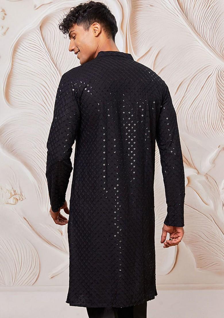 Black Ethnic Motifs Poly Blend Kurta For Men