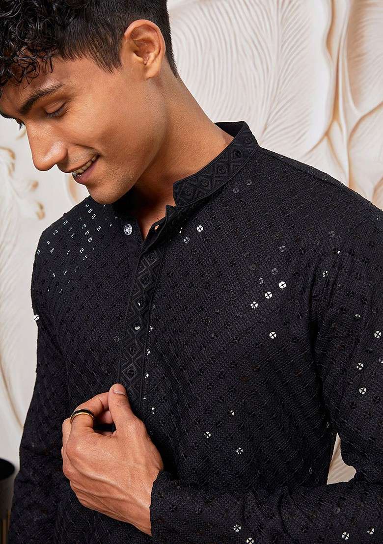 Black Ethnic Motifs Poly Blend Kurta For Men - Indya