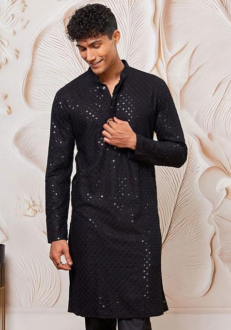 Black Ethnic Motifs Poly Blend Kurta For Men — view on Indya
