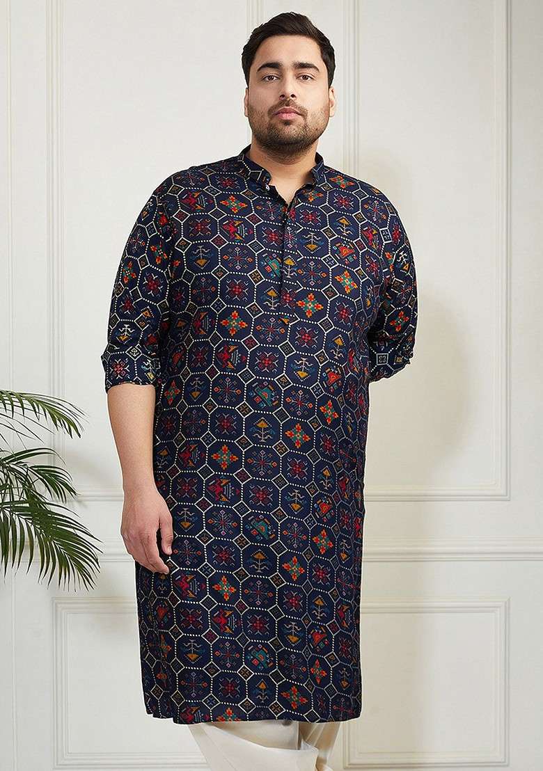 Blue Abstract Print Poly Blend Kurta For Men - Indya