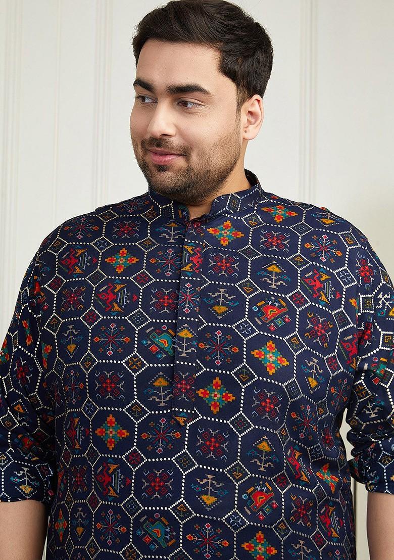 Blue Abstract Print Poly Blend Kurta For Men