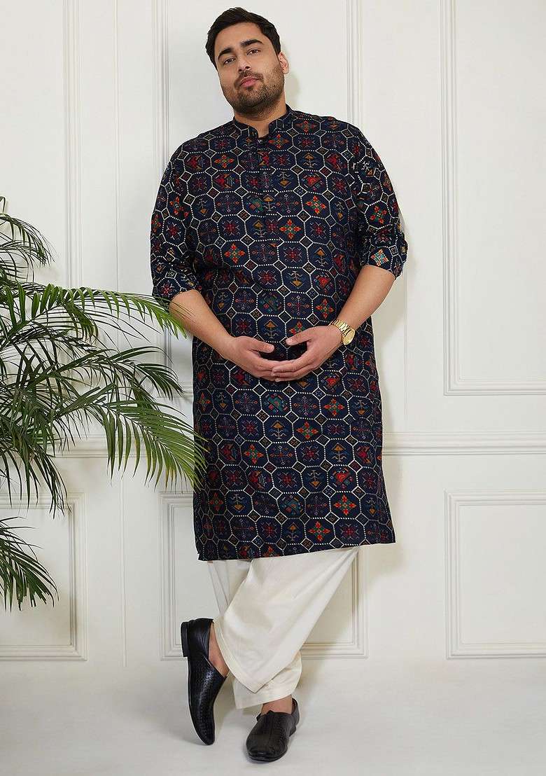 Blue Abstract Print Poly Blend Kurta For Men - Indya