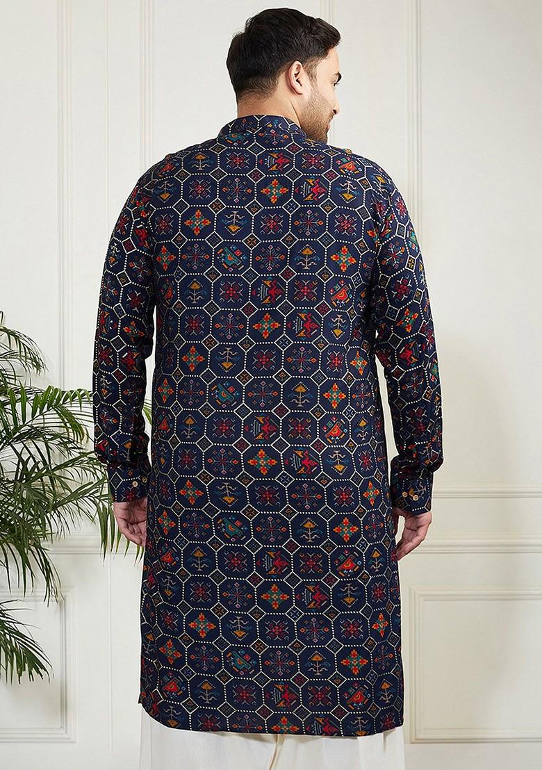 Blue Abstract Print Poly Blend Kurta For Men