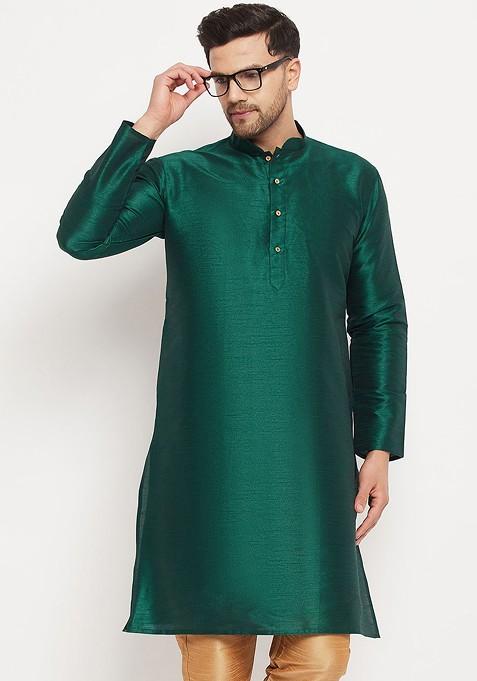 Green Solid Poly Blend Kurta For Men — view on Indya