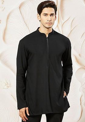 Black Solid Poly Blend Kurta For Men