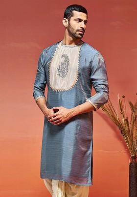 Grey Solid Poly Blend Kurta For Men