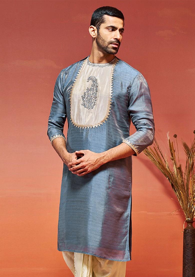 Grey Solid Poly Blend Kurta For Men