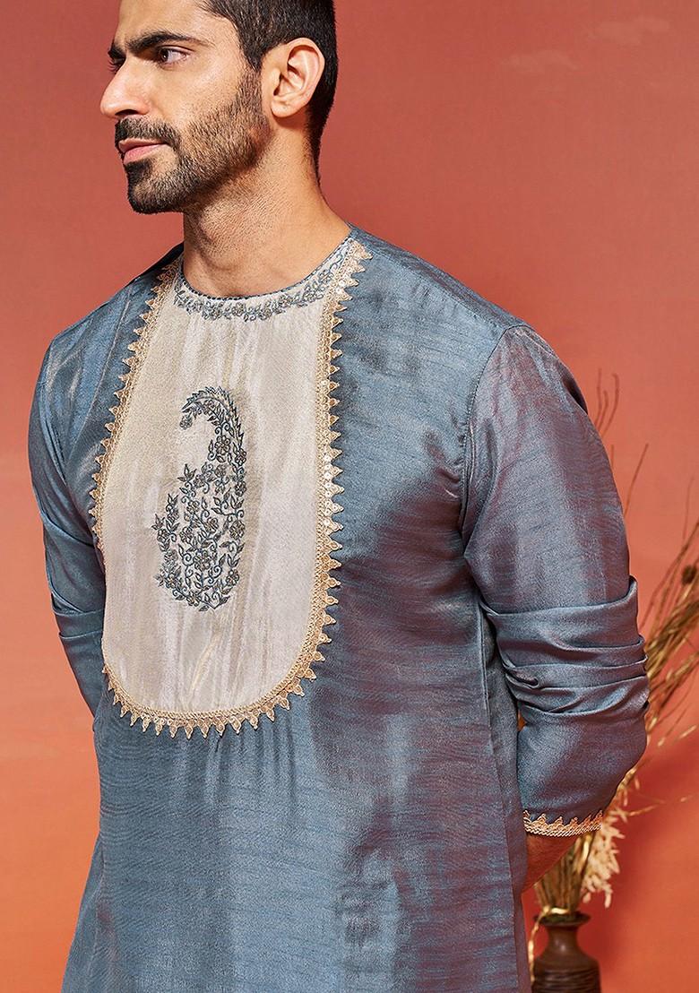 Grey Solid Poly Blend Kurta For Men
