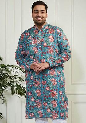 Blue Floral Print Jacquard Kurta For Men