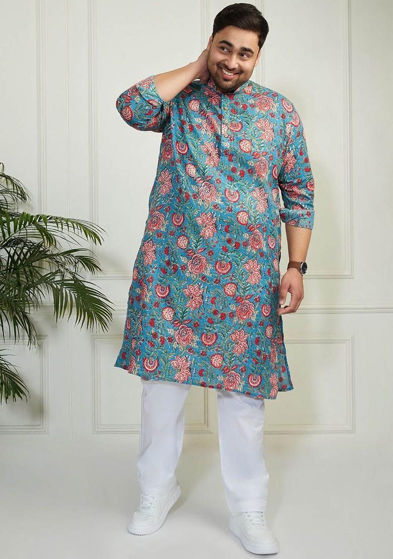 Blue Floral Print Jacquard Kurta For Men