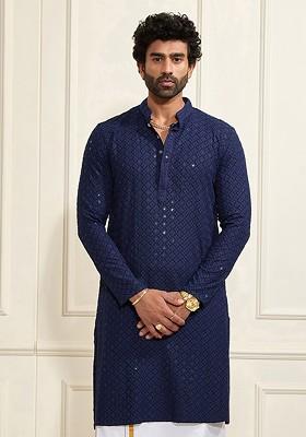 Navy Blue Embellished Poly Blend Kurta For Men