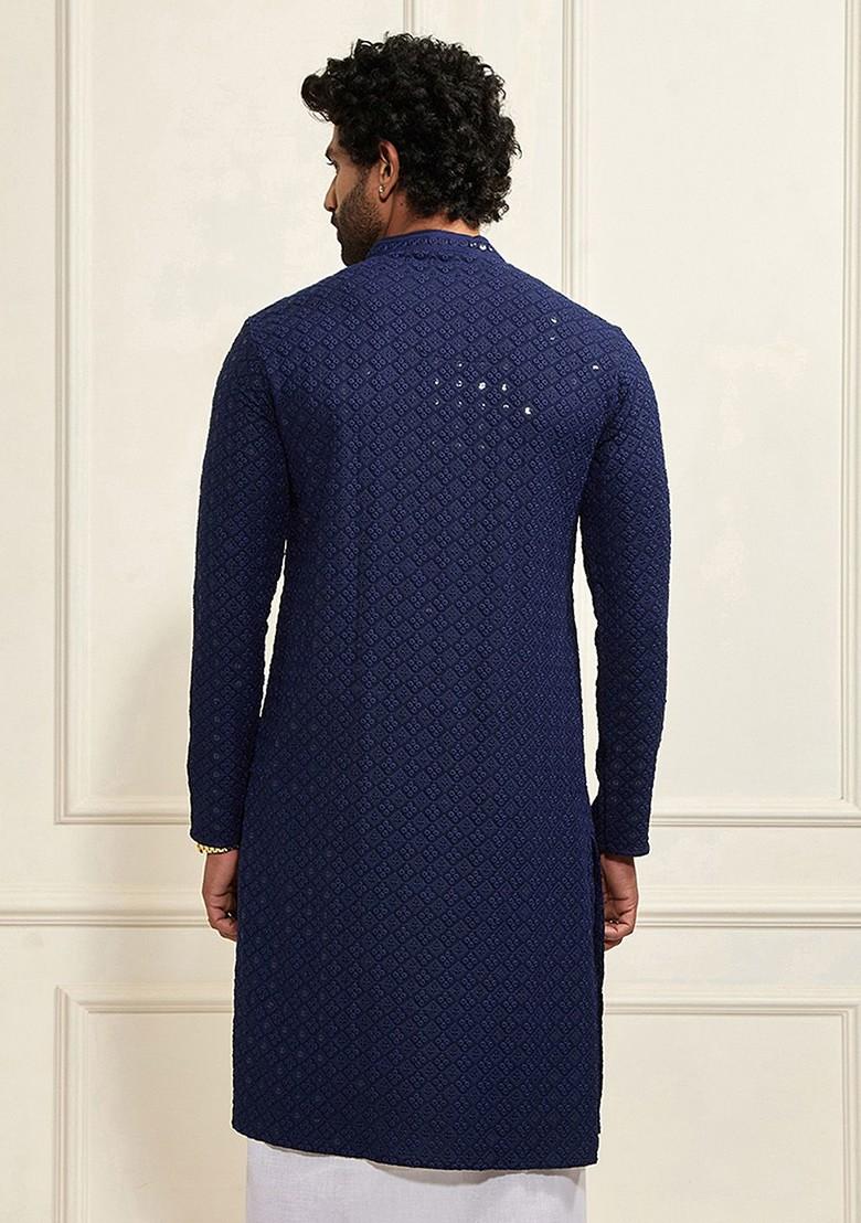 Navy Blue Embellished Poly Blend Kurta For Men