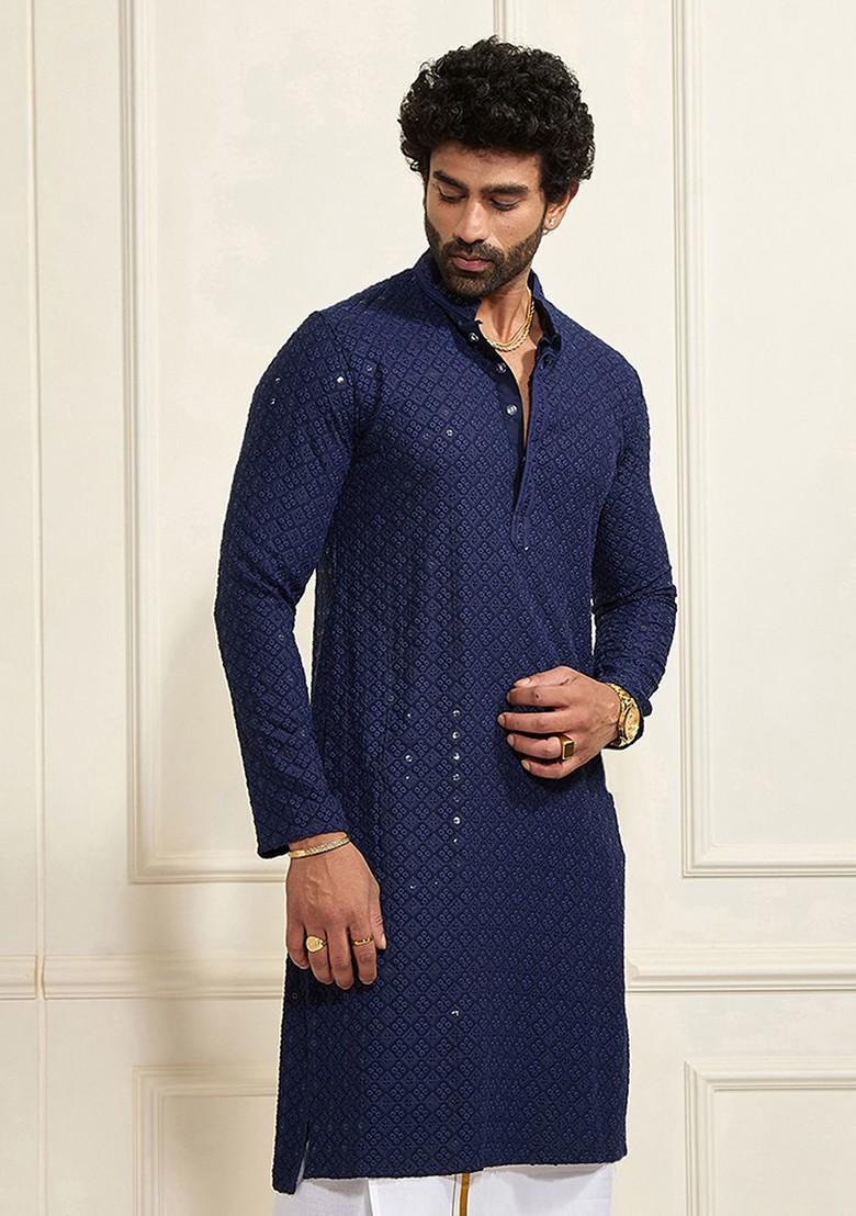 Navy Blue Embellished Poly Blend Kurta For Men