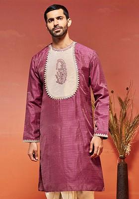 Pink Solid Poly Blend Kurta For Men