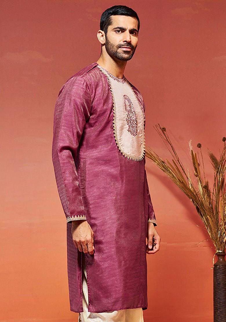 Pink Solid Poly Blend Kurta For Men