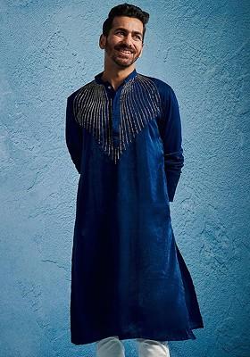 Turquoise Blue Embroidered Poly Blend Kurta For Men