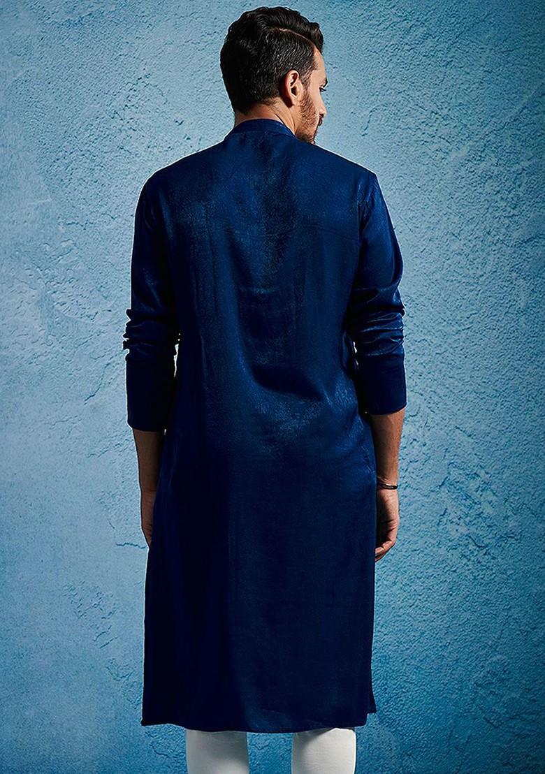 Turquoise Blue Embroidered Poly Blend Kurta For Men