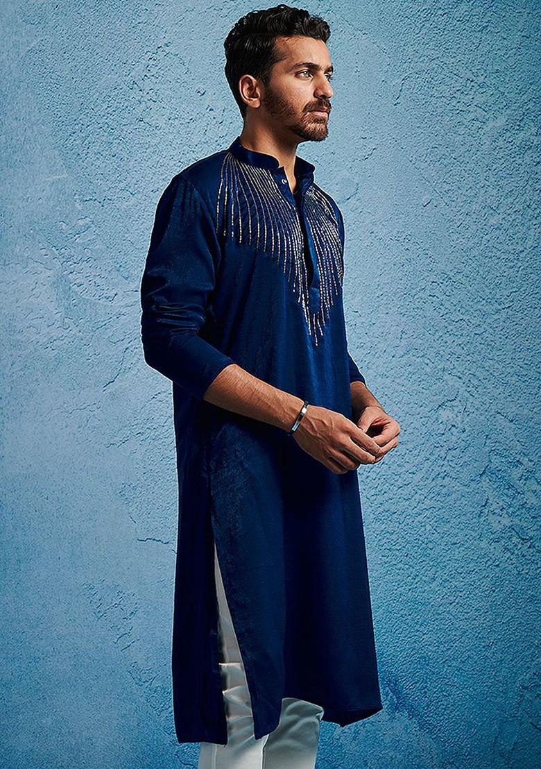 Turquoise Blue Embroidered Poly Blend Kurta For Men
