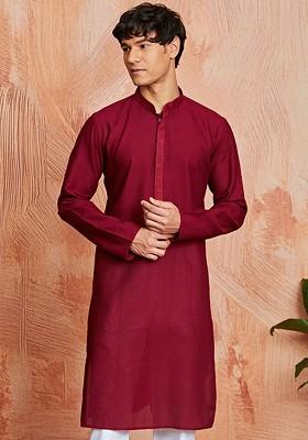 Maroon Woven Jacquard Kurta For Men