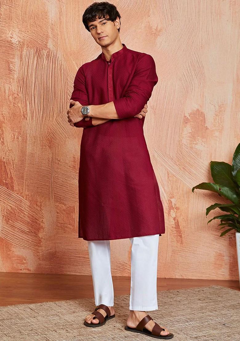 Maroon Woven Jacquard Kurta For Men