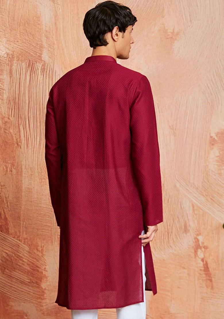 Maroon Woven Jacquard Kurta For Men