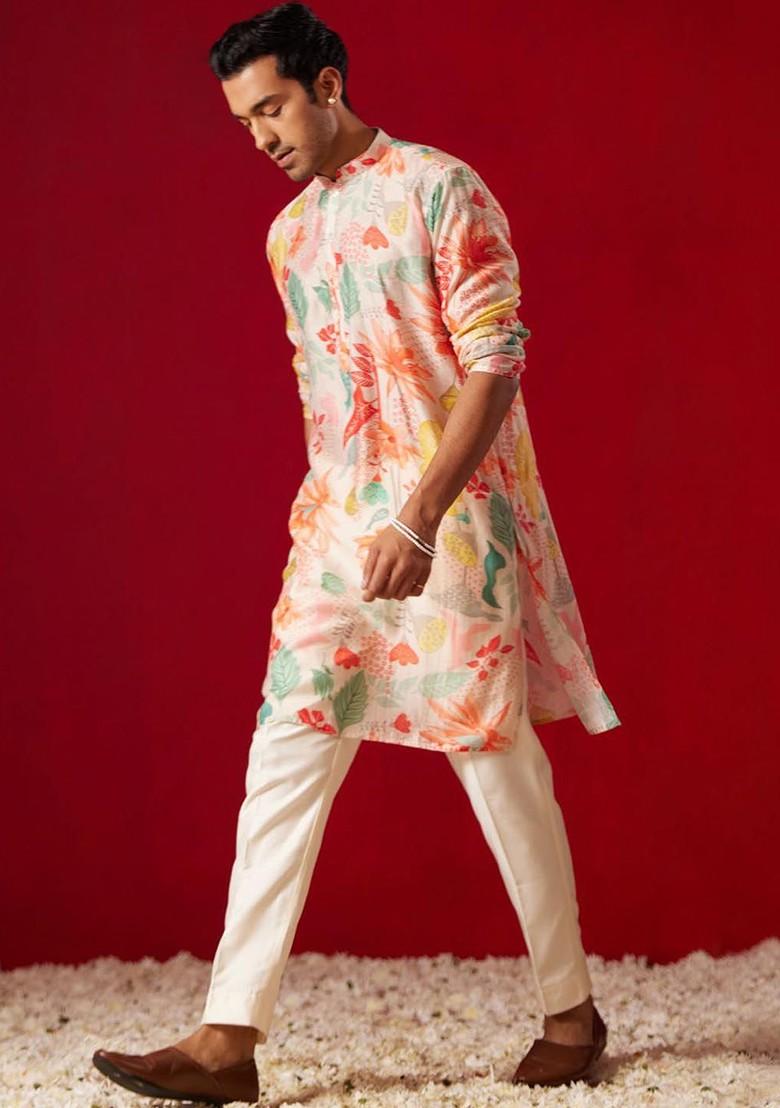Beige Printed Poly Blend Kurta For Men