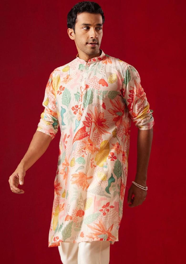 Beige Printed Poly Blend Kurta For Men