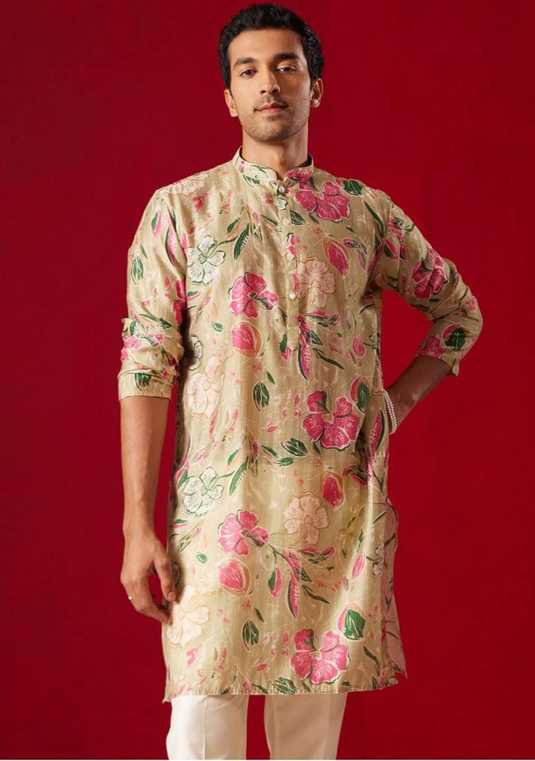 Beige Floral Print Poly Blend Kurta For Men