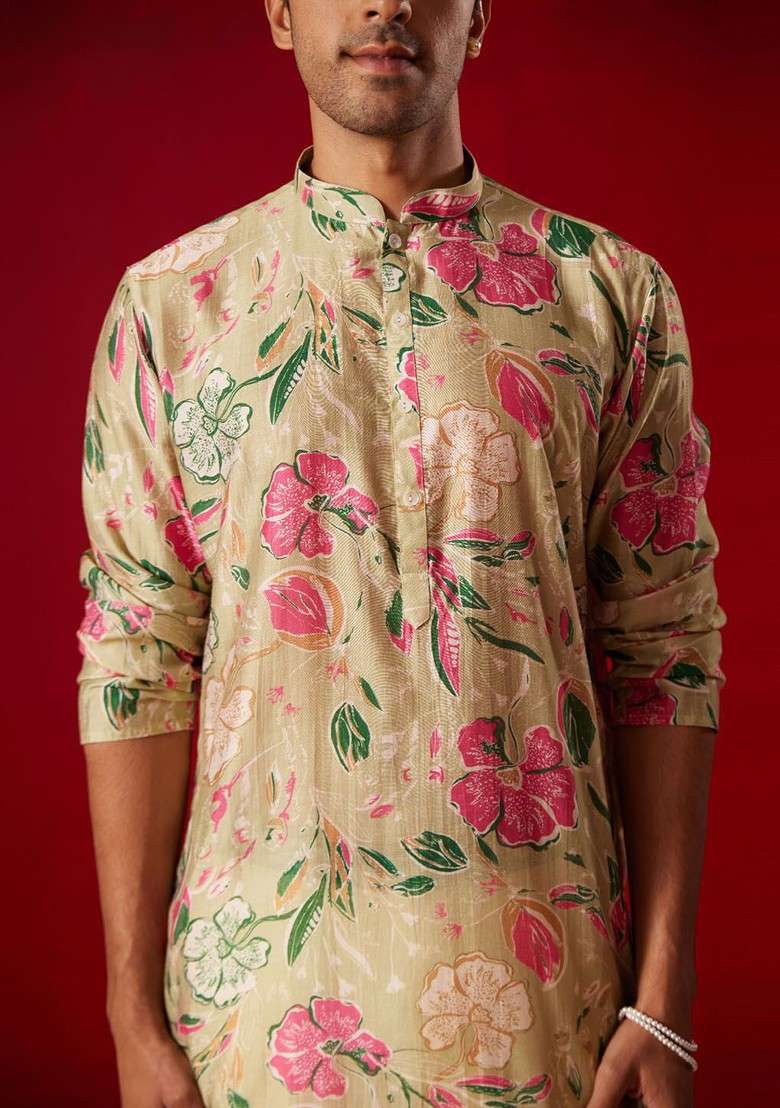 Beige Floral Print Poly Blend Kurta For Men - Indya