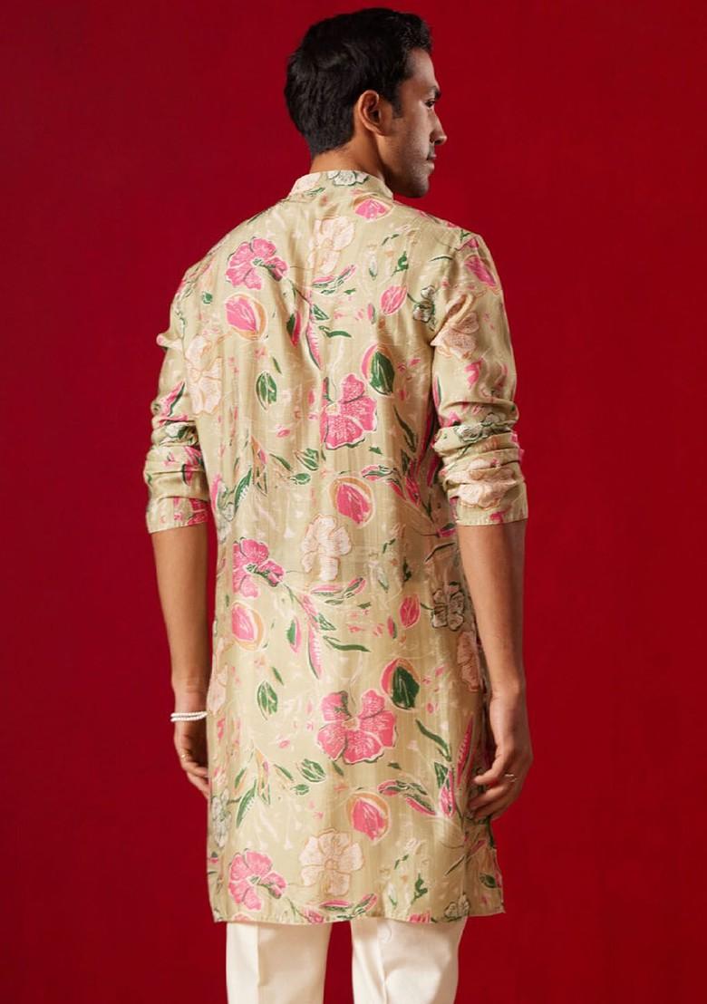 Beige Floral Print Poly Blend Kurta For Men