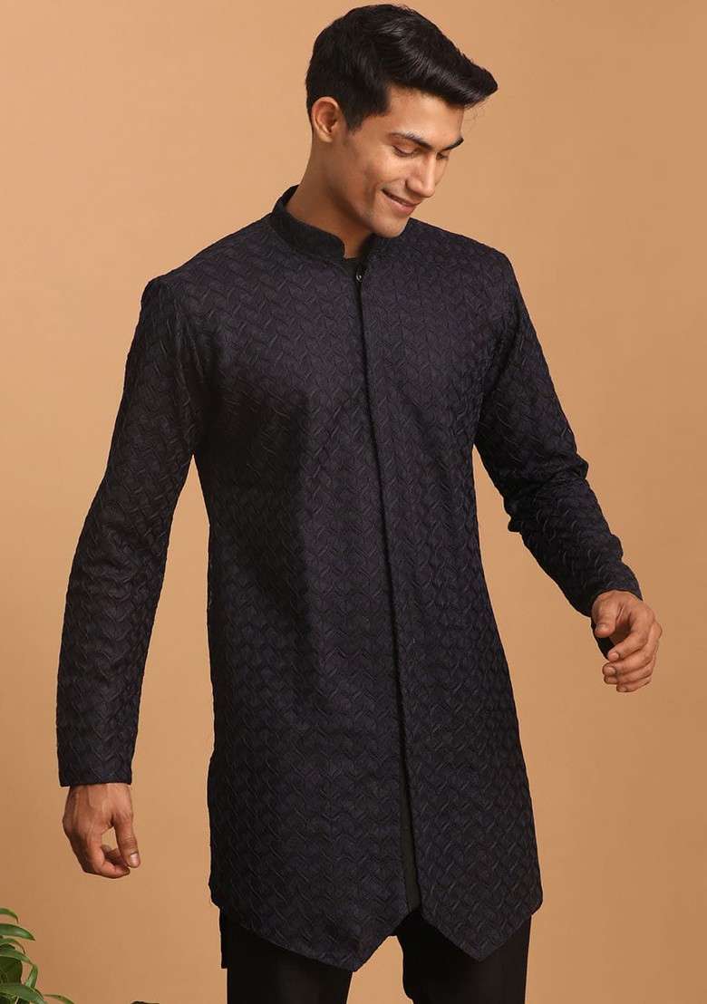 Navy Blue Ethnic Motifs Poly Blend Kurta For Men - Indya