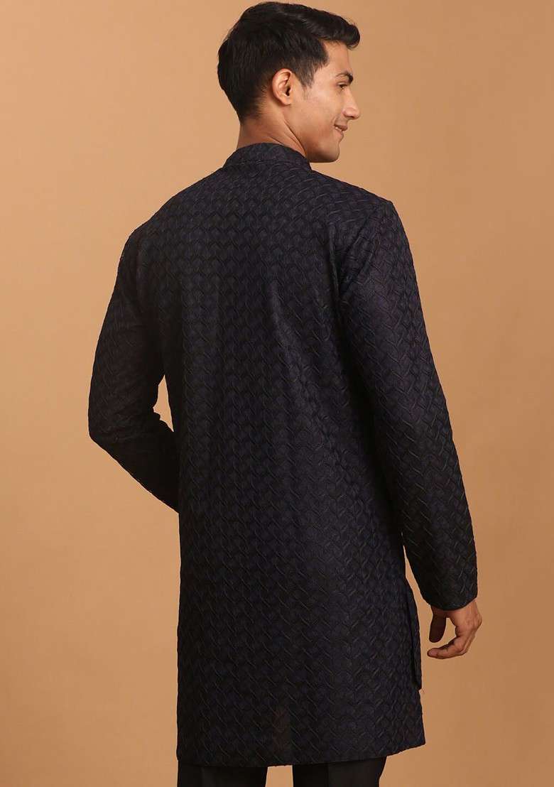 Navy Blue Ethnic Motifs Poly Blend Kurta For Men - Indya