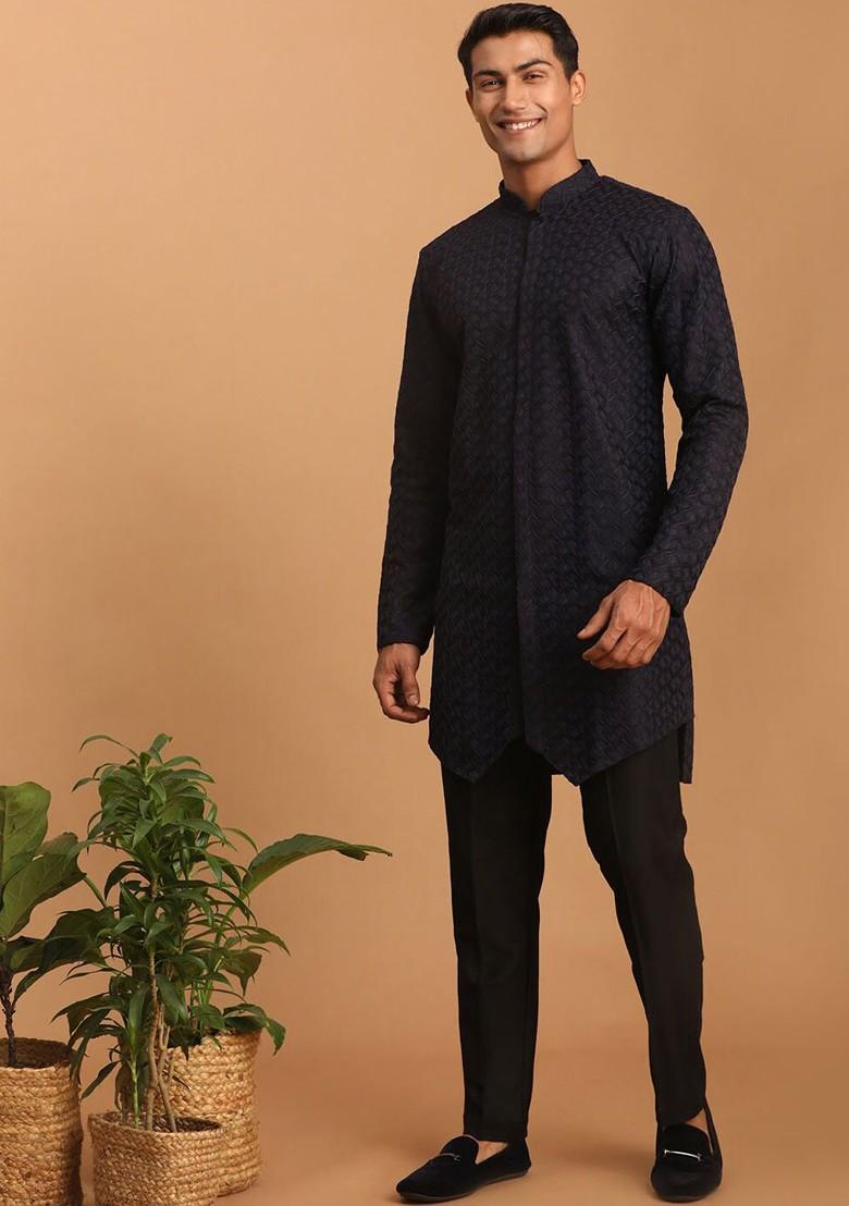 Navy Blue Ethnic Motifs Poly Blend Kurta For Men