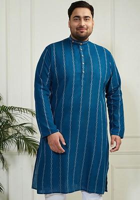 Blue Solid Jacquard Kurta For Men