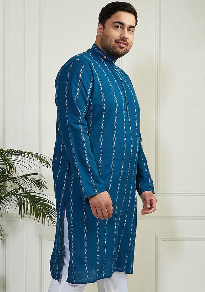 Blue Solid Jacquard Kurta For Men