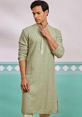 Green Embroidered Poly Blend Kurta For Men