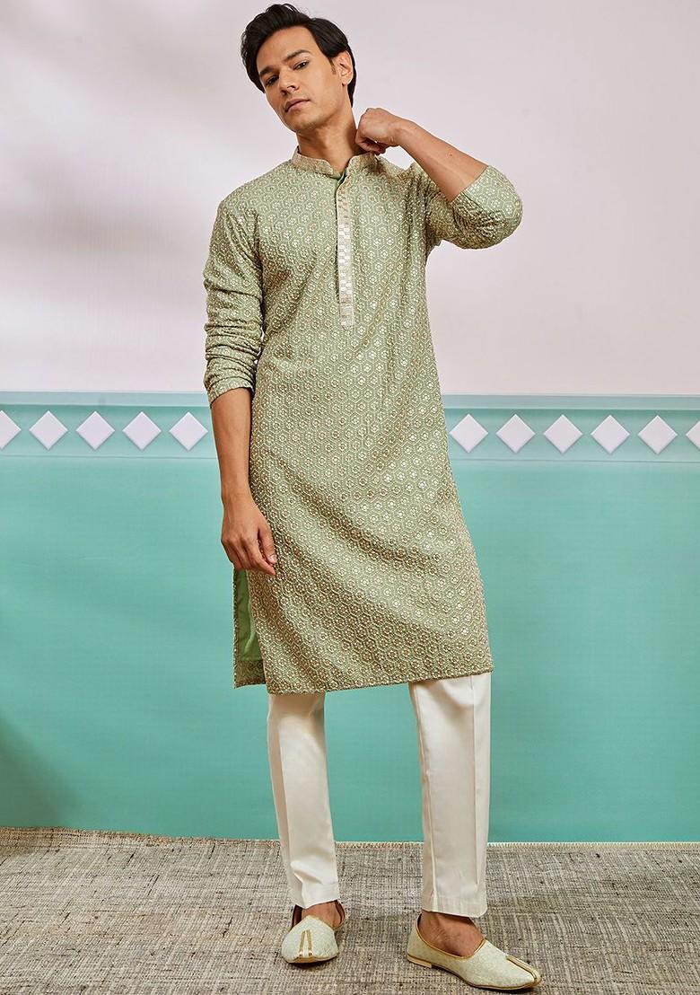 Green Embroidered Poly Blend Kurta For Men