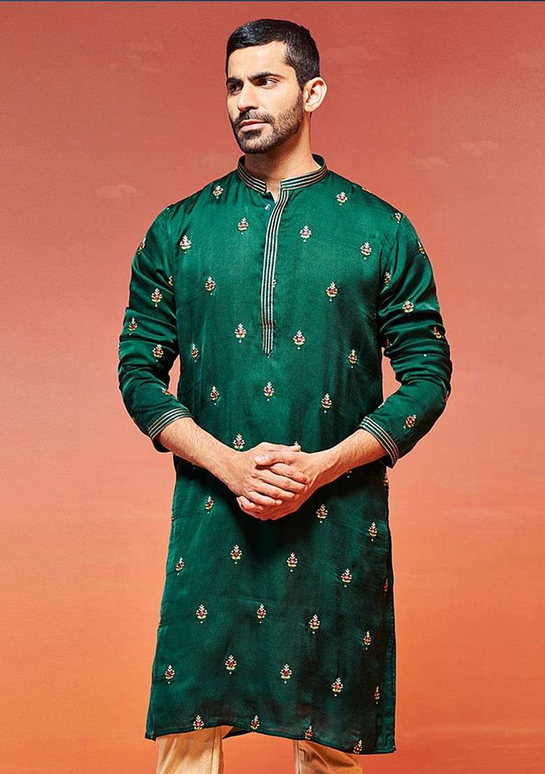 Green Floral Print Silk Blend Kurta For Men - Indya