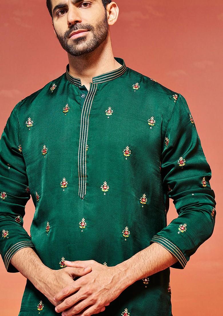 Green Floral Print Silk Kurta For Men