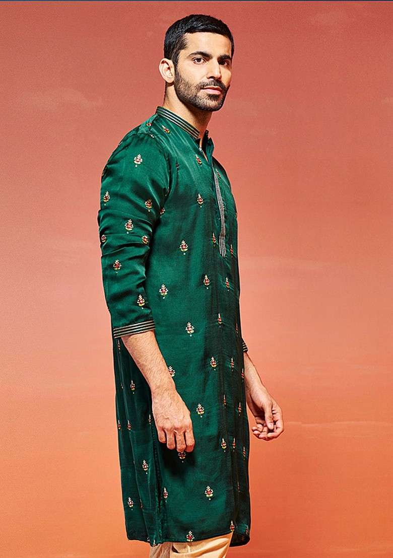 Green Floral Print Silk Blend Kurta For Men - Indya