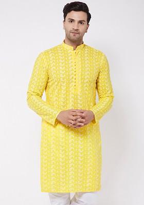 Yellow Embroidered Cotton Kurta For Men