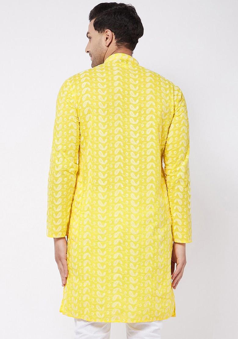 Yellow Embroidered Cotton Kurta For Men