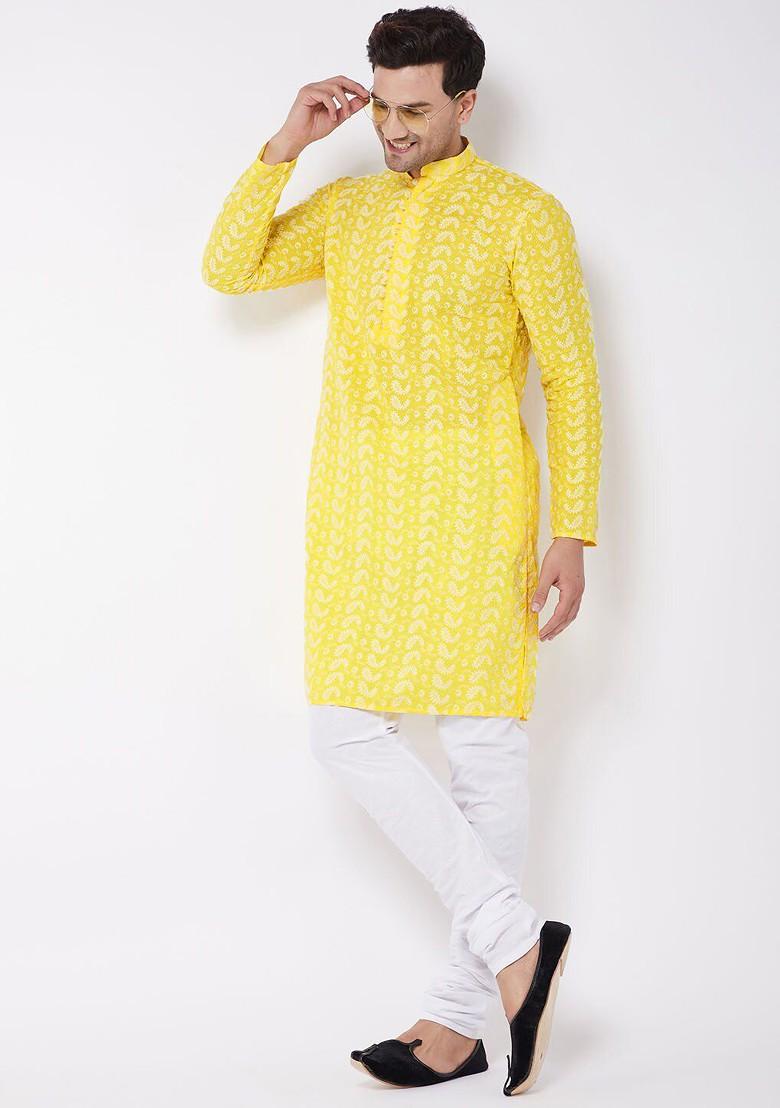 Yellow Embroidered Cotton Kurta For Men