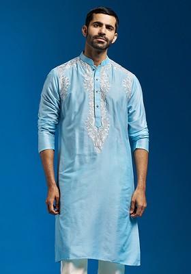 Blue Thread Work Poly Blend Kurta For Men