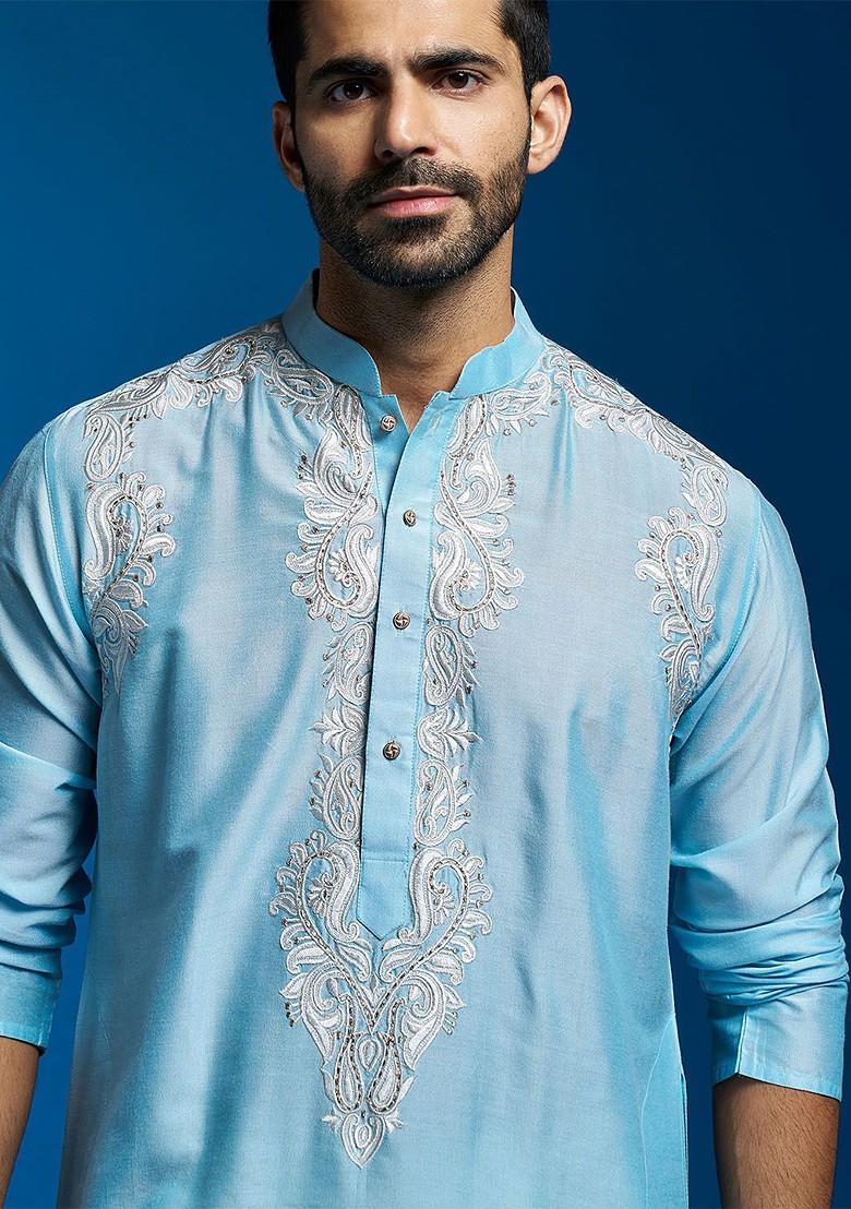 Blue Thread Work Poly Blend Kurta For Men