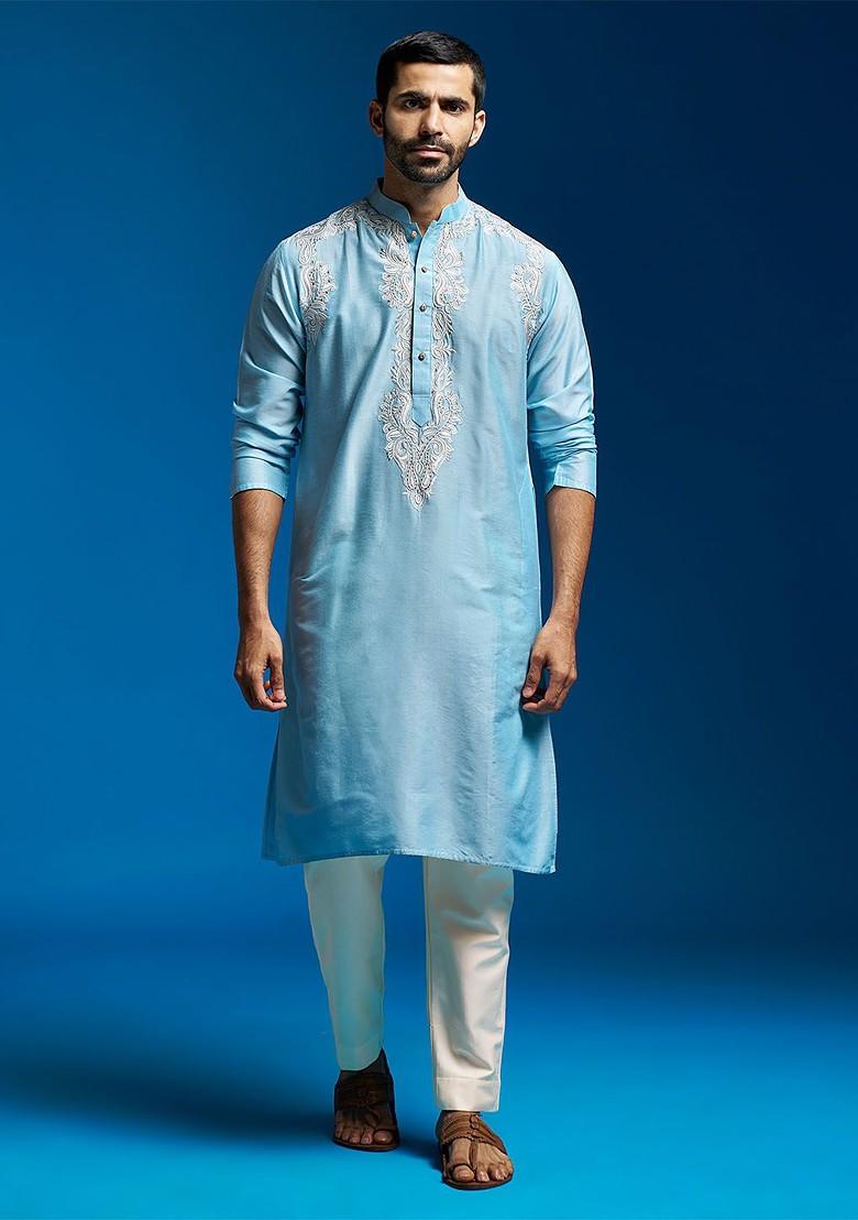 Blue Thread Work Poly Blend Kurta For Men