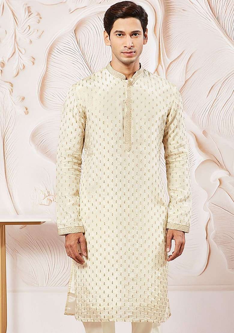 Cream Floral Print Silk Kurta For Men - Indya